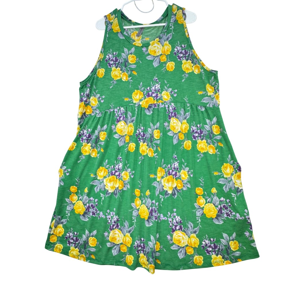 Honeyme Curvy Sleeveless Tunic Women XXL Green Babydoll Floral Pockets Stretch